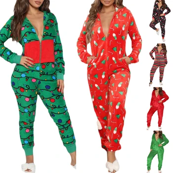 hirigin Yeni Moda Kadınlar Noel Ev Tulum Yıldız / Şerit Kapşonlu Uzun Kollu Zip-Up Polar Pijama Gece Uyku Romper