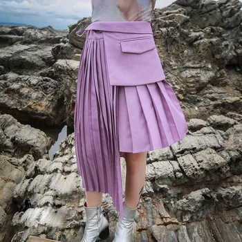 kadın etekler 2020 yeni Mikrofiber Katı Asimetrik Ruffles Diz Boyu Streetwear Pilili etek Avrupa Amerika tarzı tasarımcı