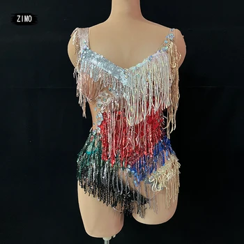 sequins Renkli Püskül kristal Bodysuit Kadınlar Seksi Leotard Kutlama Performansı Dansçı gece kulübü DS Kutup Latin Dans Kıyafetleri