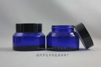 siyah alüminyum kapaklı 50g mavi cam krem kavanoz,50g kozmetik kavanoz, maske veya göz kremi için ambalaj, 50g cam şişe