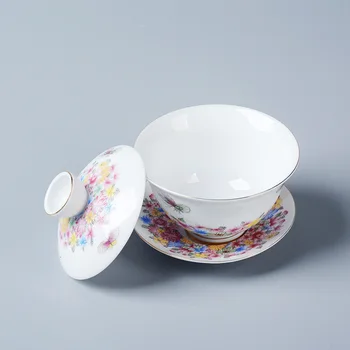 yeni listelenen handpainted gaiwan Jingdezhen sırlı gezdirilir porselen çay kase altında kapaklı kase ve fincan tabağı Çin