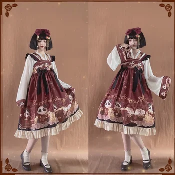 Çin tarzı tatlı lolita elbise vintage falbala ilmek sevimli baskı yüksek bel viktorya dönemi tarzı elbise kawaii kız gotik lolita jsk
