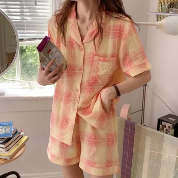 Çizgili Yaz Pijama Seti Kore Tek Göğüslü Gömlek + şort takımı İki Parçalı Ev Takım Elbise Pamuk Gevşek Ev Giysileri Rahat