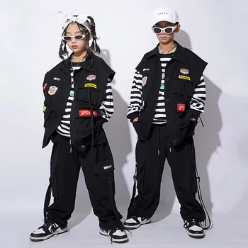Çocuk Hip-Hop Performans Kostümleri Siyah Yelek Kargo pantolon Streetwear Kız Erkek Caz Dans Festivali Sahne Kıyafetler DQS11110