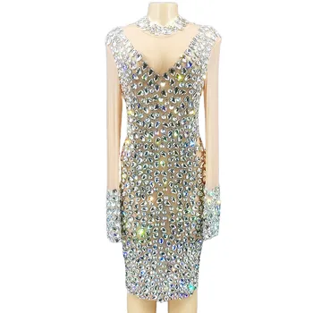 Çıplak Shining Kristal Sparkly Rhinestones Uzun Kollu Yüksek Boyun Seksi Kadın Elbise Akşam Parti Kulübü Giyim Şarkıcı Kostümleri