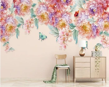 Özel 3D el-boyalı soyut pembe çiçekler kelebek Avrupa tarzı oturma odası yatak odası duvar kağıdı TV arka plan 3d duvar kağıdı